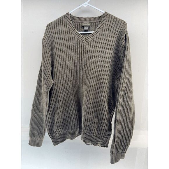 Vintage Eddie Bauer Sweater Green Large Knit Mens 90s Grandpa 80s Cable Y2K EUC - Picture 1 of 4